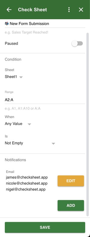 A screenshot showing how you can create notifications using Check Sheet that are sent to other users