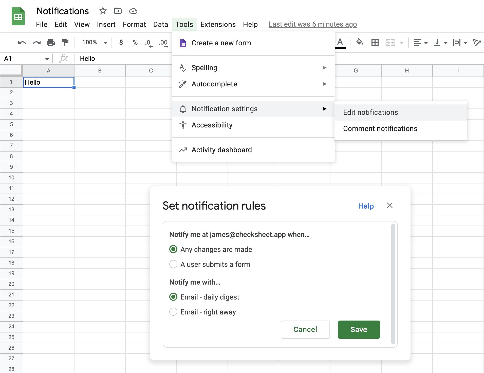 Setting up notifications for when a spreadsheet is updated