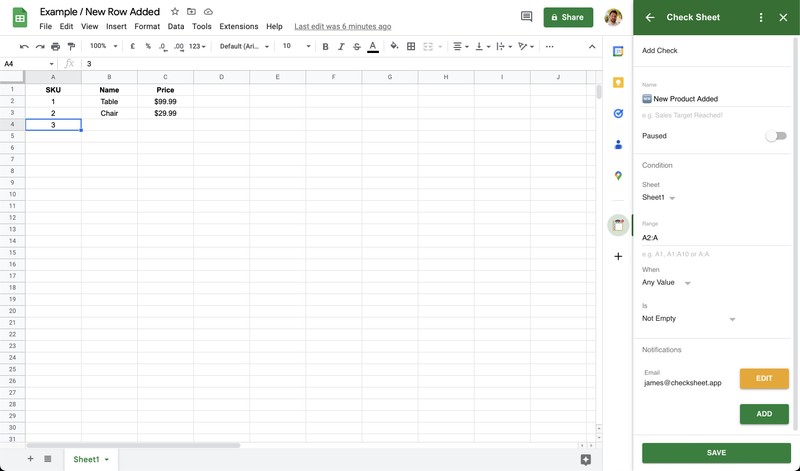 Setting up an email notification for when a new product is added to a spreadsheet