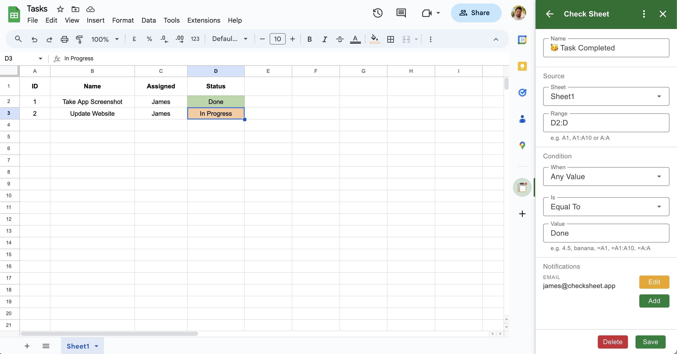 Screenshot showing a Google Sheet with a Check that sends a notification when a task is completed