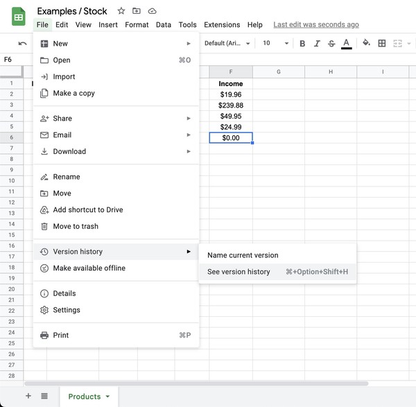 Viewing Spreadsheet Version History