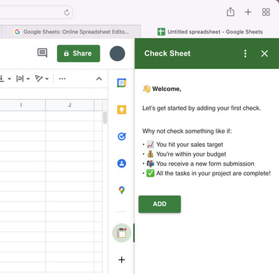 Screenshot showing the Check Sheet app running in the sidebar on the right of a Google Spreadsheet