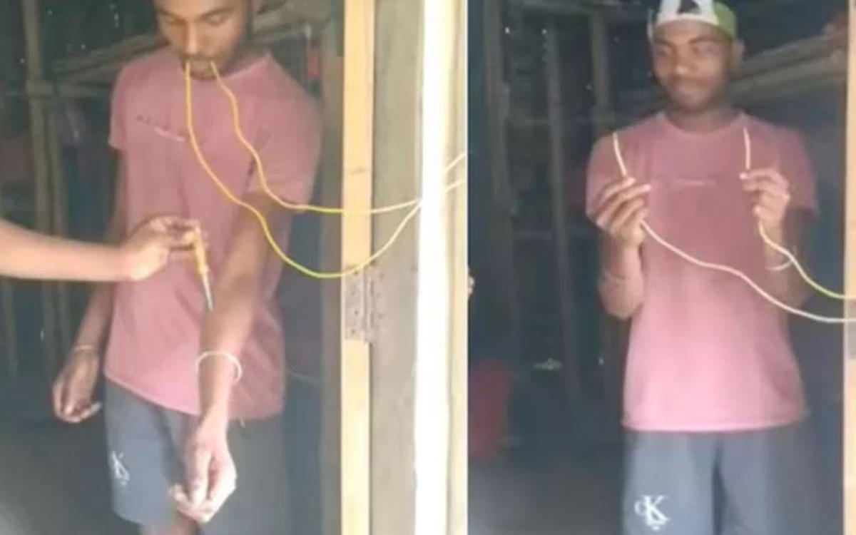 मुंह में नंगी तार रख किया खतरनाक स्टंट, चौंका देगा ये वीडियो