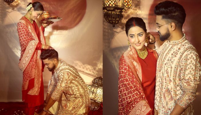 उफ्फ! करवा चौथ पर सुर्ख लाल जोड़े में Hina ने ढाया कहर, रॉकी हार बैठे दिल