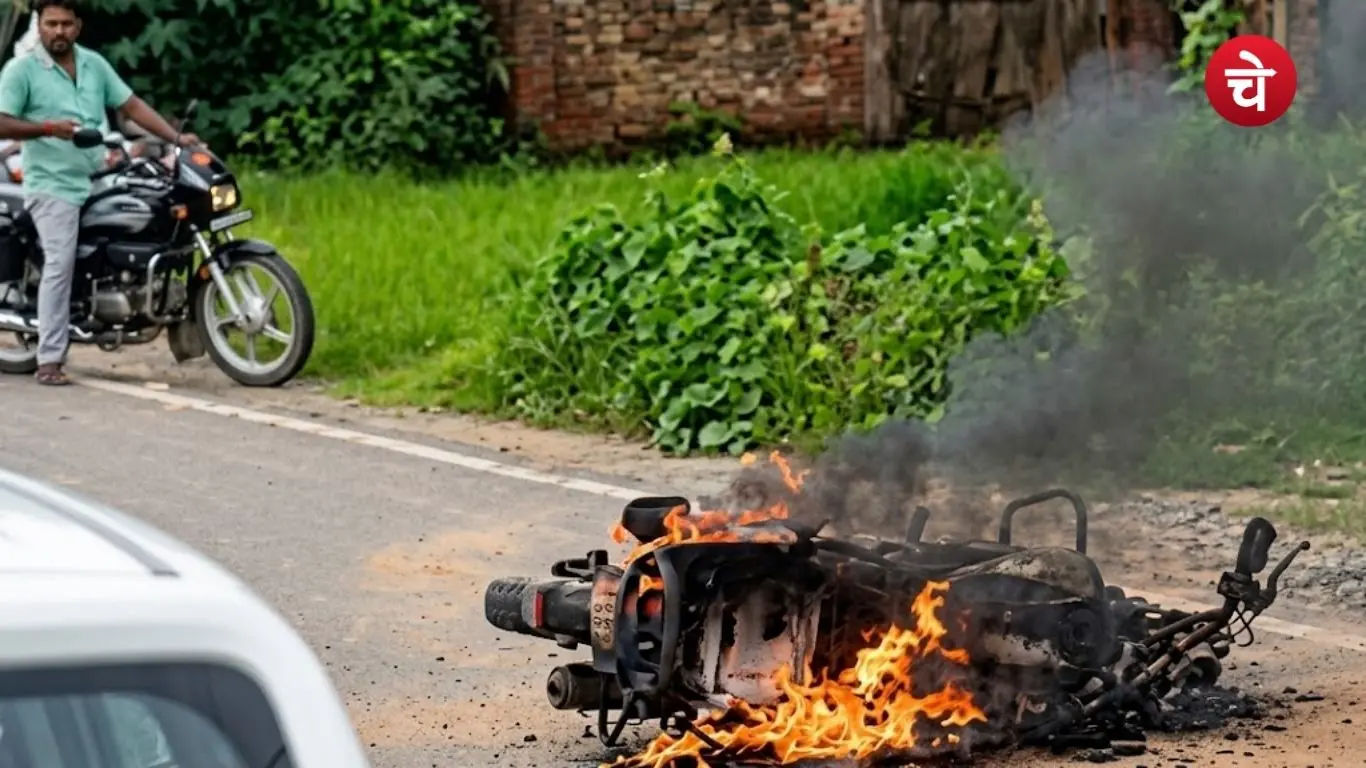 Bike engulfed in flames following a road accident