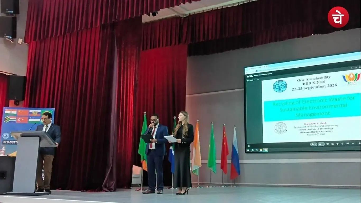 Prof. Kamlesh Kumar Singh from IIT-BHU presenting research on e-waste recycling at the GEO-SUSTAINABILITY BRICS-2026 conference held in Russia