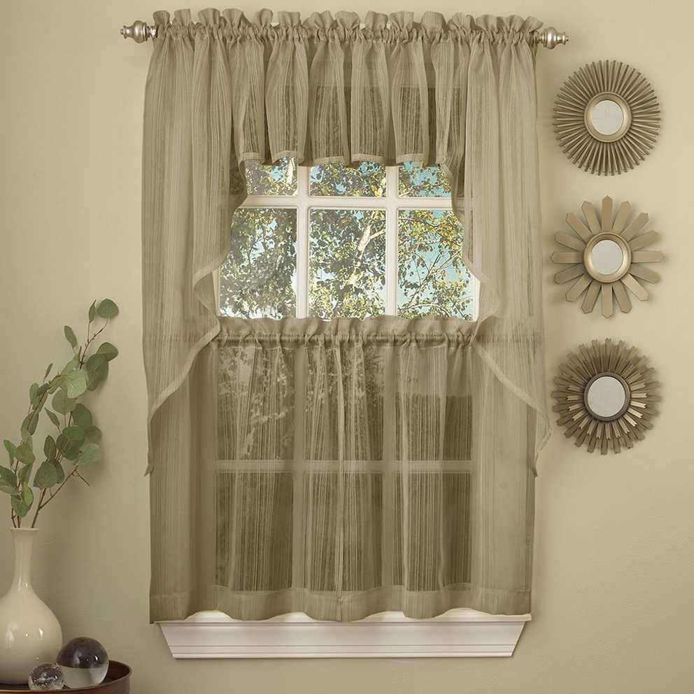 Details About Harmony Mocha Micro Stripe Semi Sheer Kitchen Curtains Tier Or Valance Or Swag With Regard To White Micro Striped Semi Sheer Window Curtain Pieces 