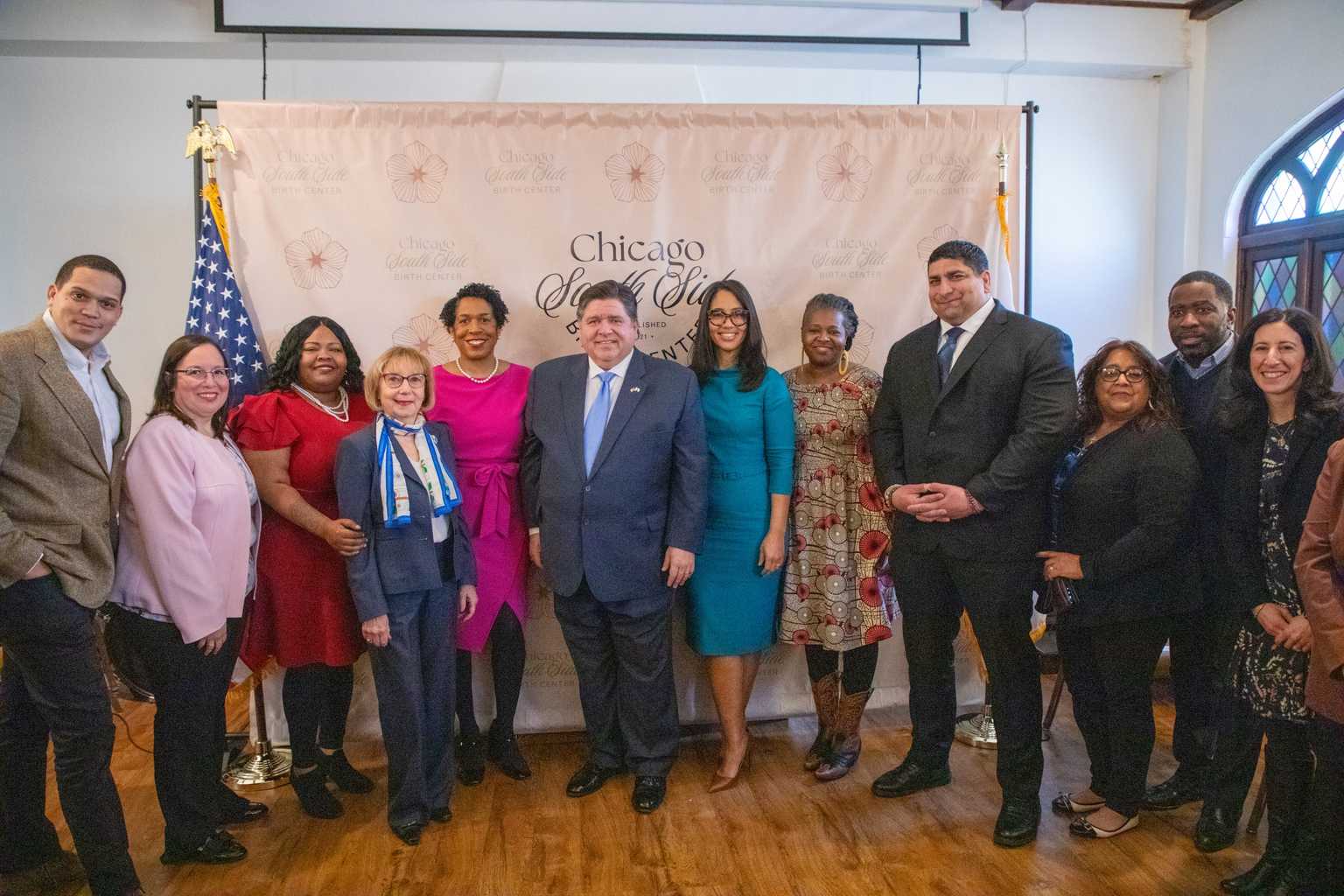 Group picture with Governor Pritzker at the Chicago South Side Birth Center