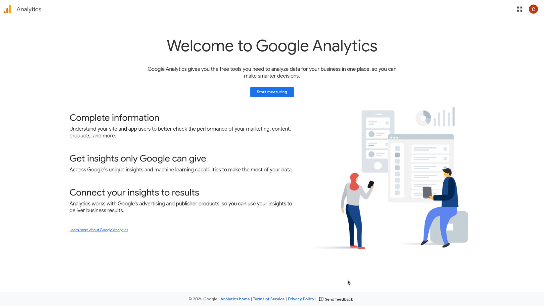Google Analytics homepage with 'Start measuring' button