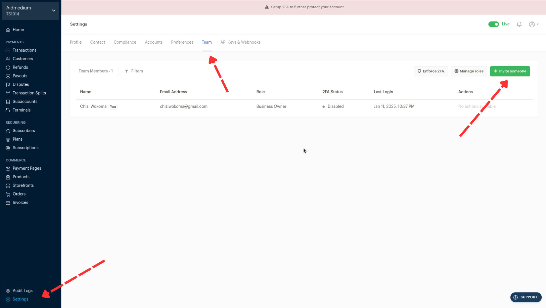 Paystack team settings