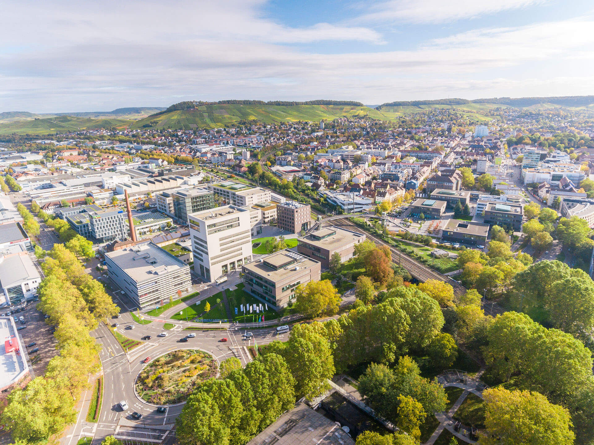 Drone shot of the city of Heilbronn with the Bildungscampus in the center