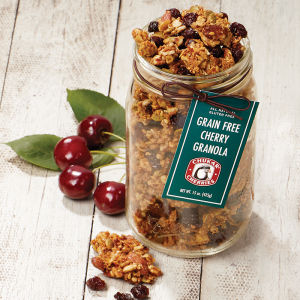 Grain Free Cherry Granola in a glass farm jar