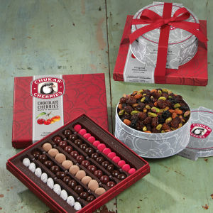 All Occasion Tower with Original Assortment and Triple Cherry Nut Tin open 