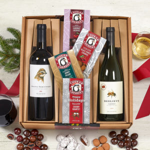 Open gift box of chukar cherries wines and chocolates