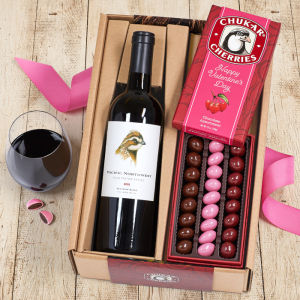 Valentine Wine & Chocolate Pairing with open assortment box