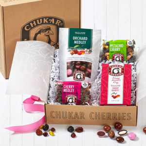 Open bundle box showing products in packaging, product outside of packaging, cross-sections of chocolates, and overall presentation with included velum and shredded paper.