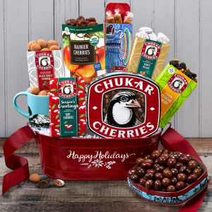 Chukar Cherries Holiday Northwest Gift Basket showing all packaging, and some contents for Chukar Northwest Box, no sugar added Organic Rainier Cherries, Black Forest Cherries, White Chocolate Tart Cherries, Seattle Cherry Caramel Twists, Honey Pecans, no