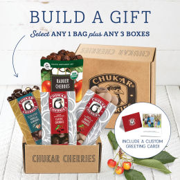 Build a Gift box showing some of possible options: Vanilla Almonds, Cherry Blossoms, Organic Rainier Cherries, and Pistachio Cherry trail mix