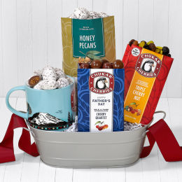 Image of open Honey Pecans bag, Souvenir mug filled with Honey Pecans, and boxes of Happy Father's Day Cherry Quartet and Triple Cherry Nut in metal hamper 