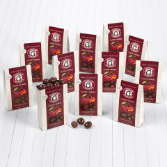 One open and eleven closed boxes of our bestselling classic dark chocolate cherries