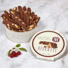 Chocolate cherry almond biscotti in open tin
