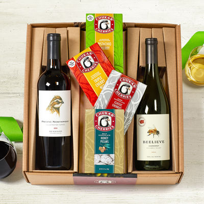 Vineyard Bounty Wine gift includes two bottles of Columbia Valley award winning wines; one     
        chardonnay and one red, and four chocolate covered cherry and nut pairings
