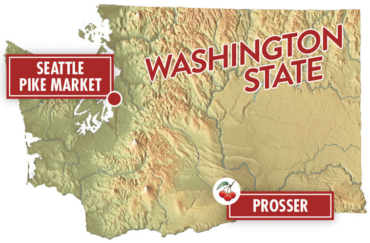 Map showing location of Chukar Cherries stores in Prosser and Seattle locations