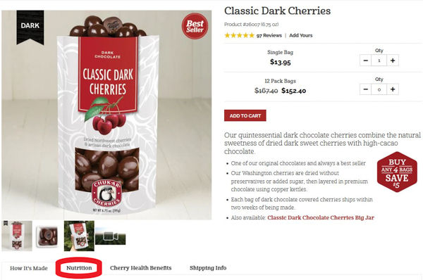 Where to find nutritional information on chukar.com product pages