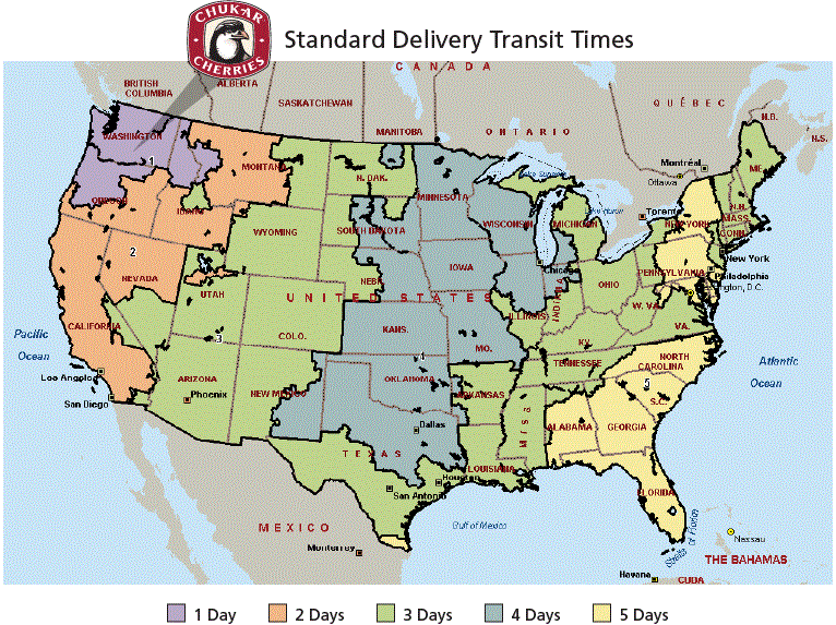 Shipping map showing number of transit days for different regions in the United States