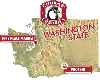 Scaled out map of Washington state showing locations in Pike Place Market and Prosser