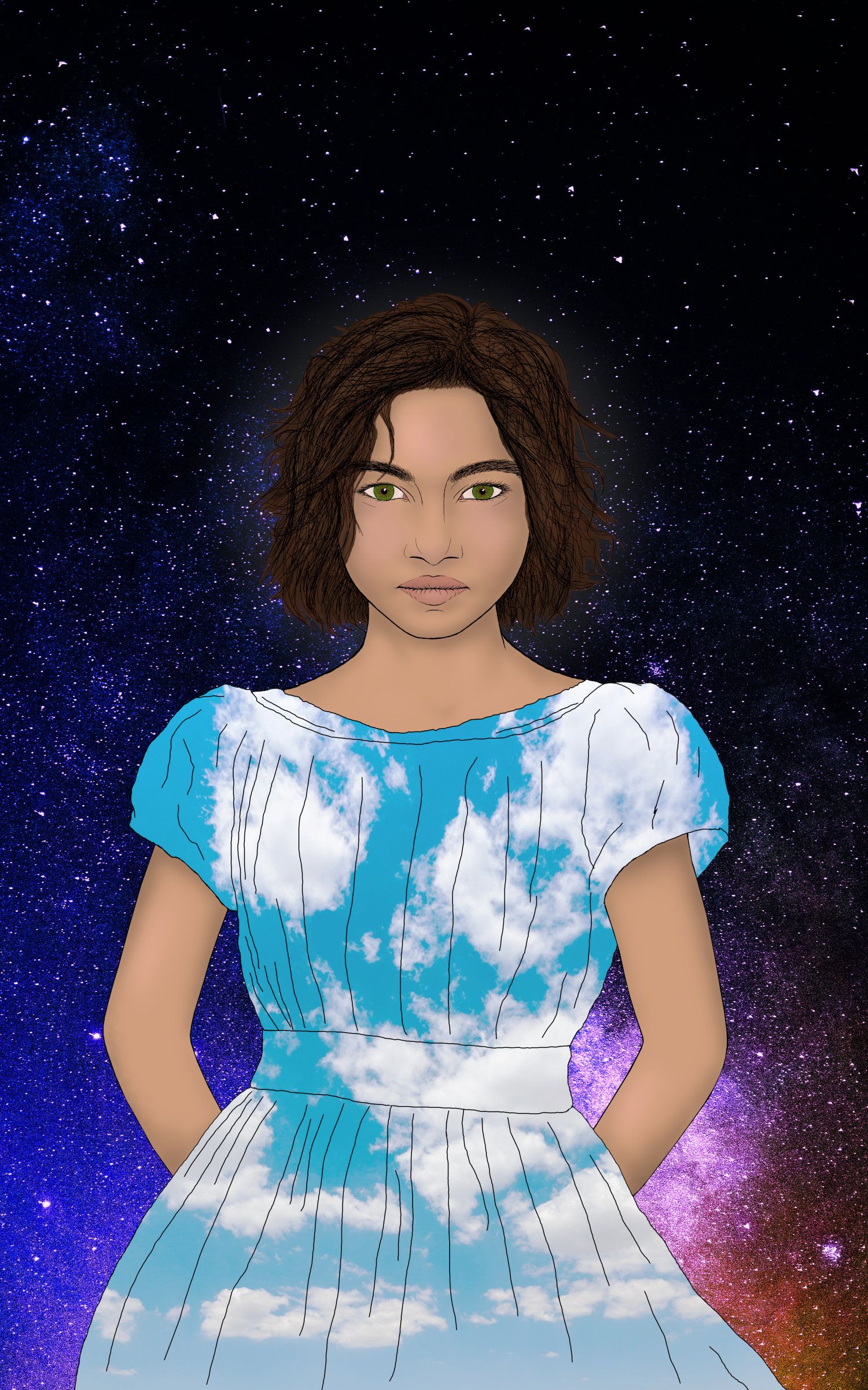 Adelaide with a dress made of sky