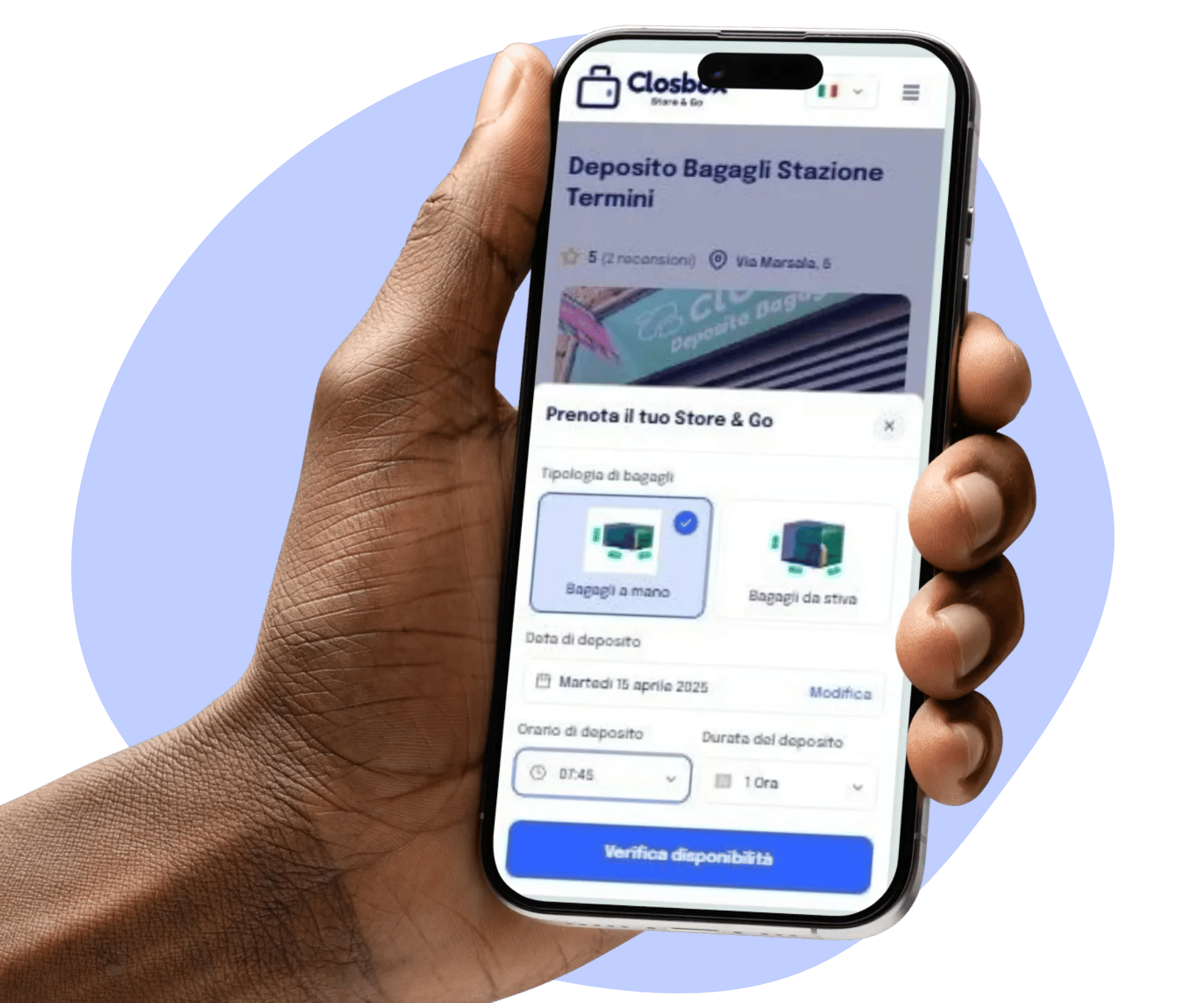 Maleta y smartphone mostrando el sistema de reserva de consignas automatizadas para equipaje Closbox Store & Go