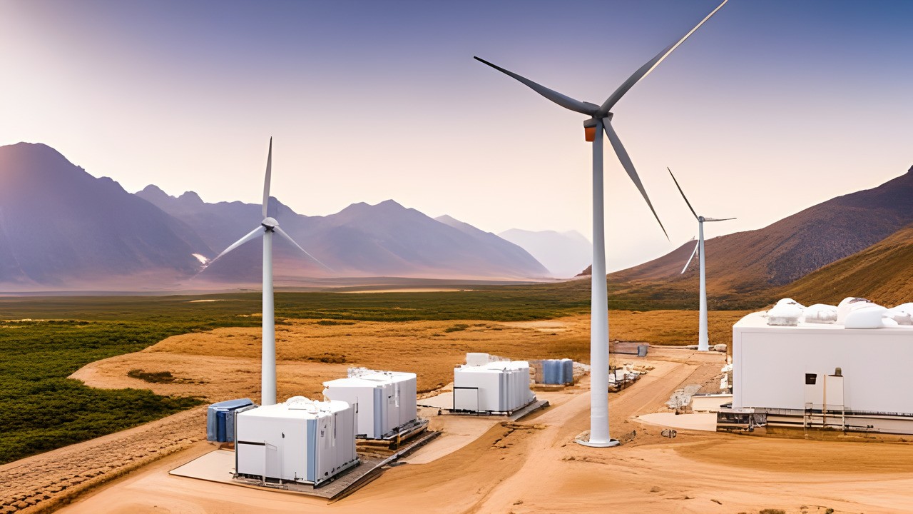 A captivating view of an on shore wind farm amidst the mountains, where renewable energy and energy storage unite for a sustainable future (credit CLOU)