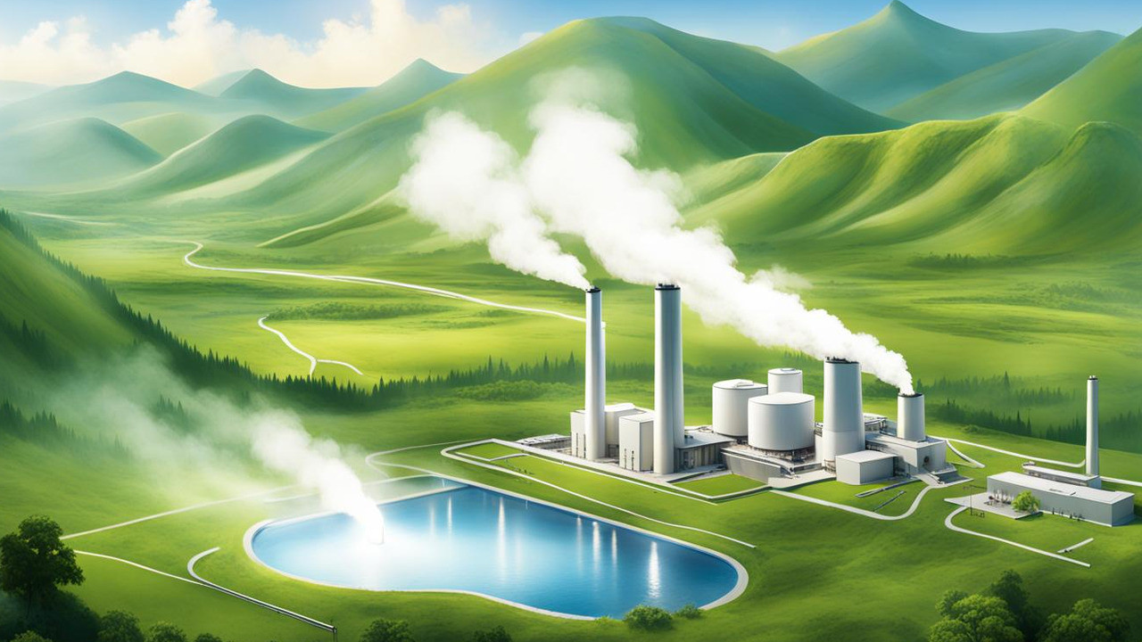 A geothermal power plant harmoniously blending with nature's beauty, showcasing sustainable energy generation (credit CLOU)
