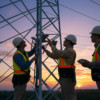 Engineers inspecting a transmission tower at sunset, ensuring the reliability and stability of the electrical grid