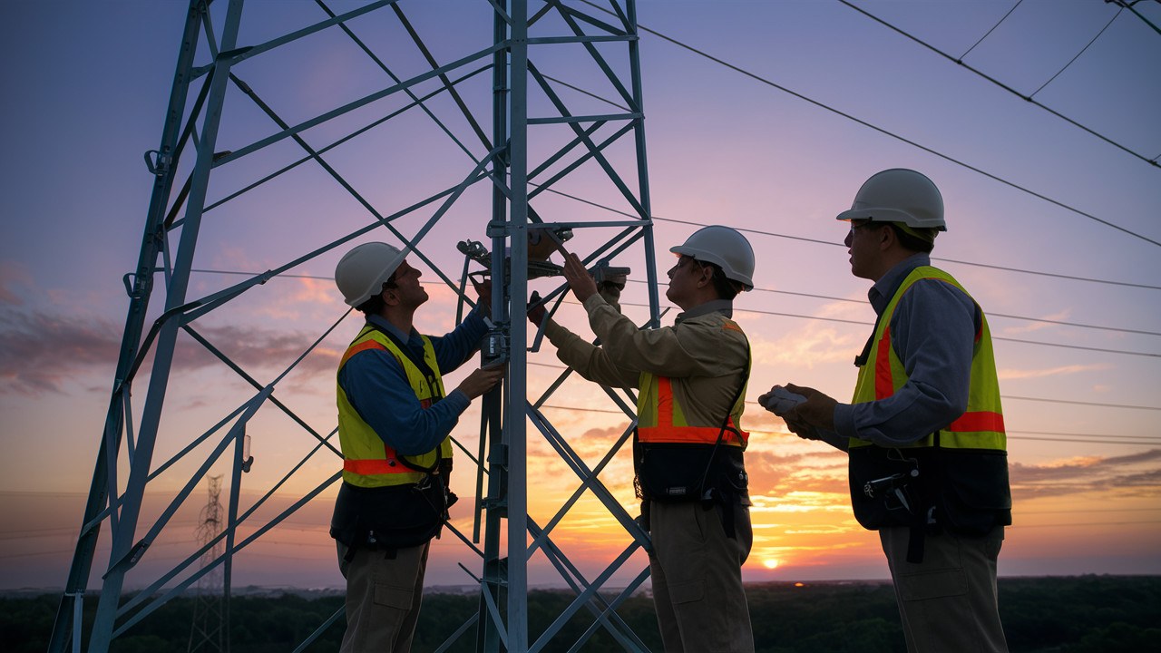 Engineers inspecting a transmission tower at sunset, ensuring the reliability and stability of the electrical grid