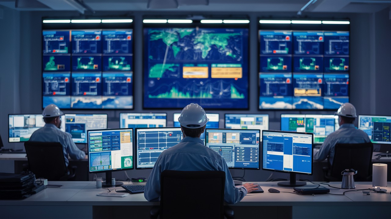Engineers at a high tech control center meticulously monitoring grid operations, exemplifying the vigilance and coordination essential for maintaining a reliable power system
