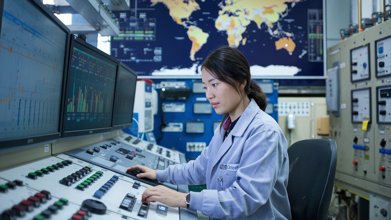 A dedicated engineer monitors real time grid data in a transmission control center, ensuring stability and efficiency in the power network.