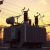 A massive power transformer in a high voltage substation at sunset.