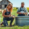 An engineer measures stray voltage between a metal water trough and the ground on an agricultural farm, ensuring the safety and comfort of livestock by identifying potential electrical issues