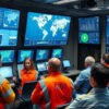 Utility engineers collaborate in a high tech control room, strategising contingency plans to ensure the resilience and reliability of essential services