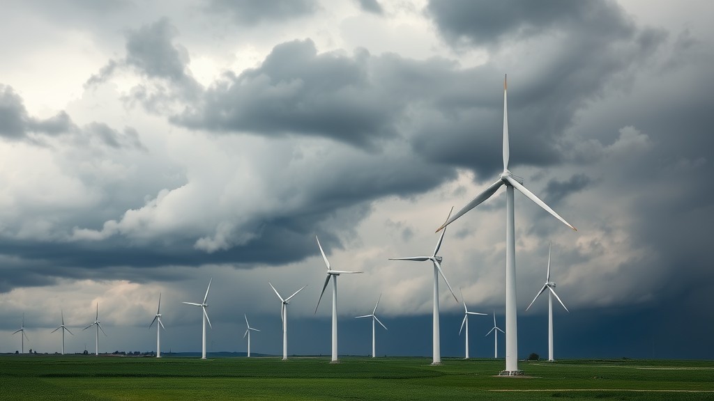 Wind turbines rise against a stormy sky, symbolising the beauty and challenges of Germany's Energiewende—an ambitious pursuit of renewable energy amidst uncertainty