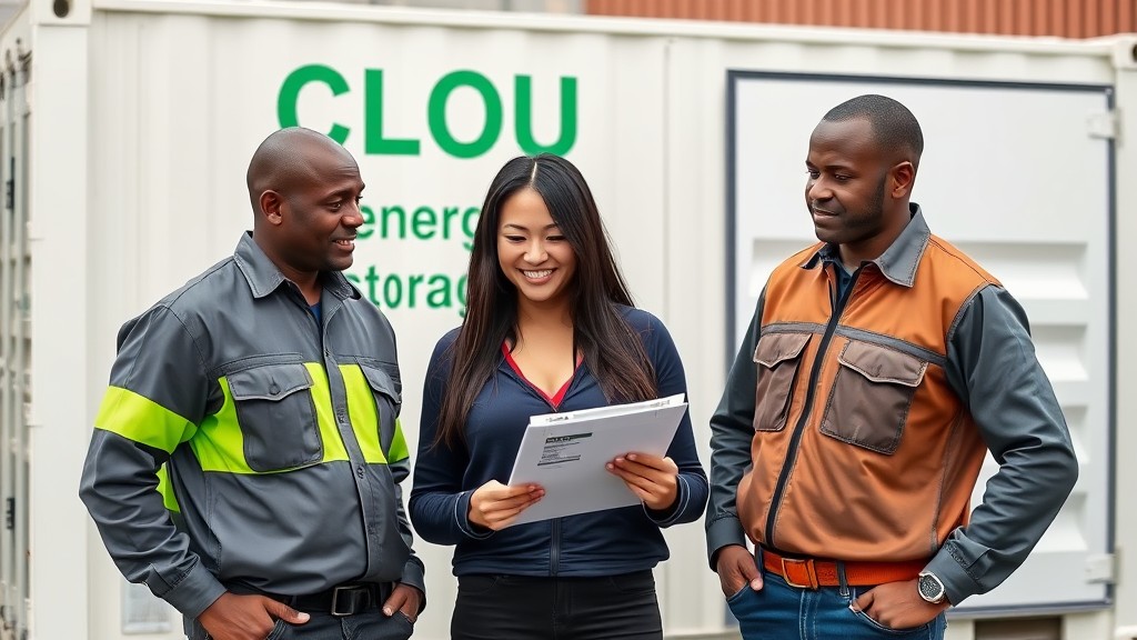 Collaborative Minds Utility engineers discuss vital parameters in front of the CLOU Energy Storage container, paving the way for efficient energy solutions