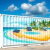 Transforming a 20ft energy container into an island paradise—this vibrant airbrush mural celebrates the beauty of renewable energy in harmony with nature