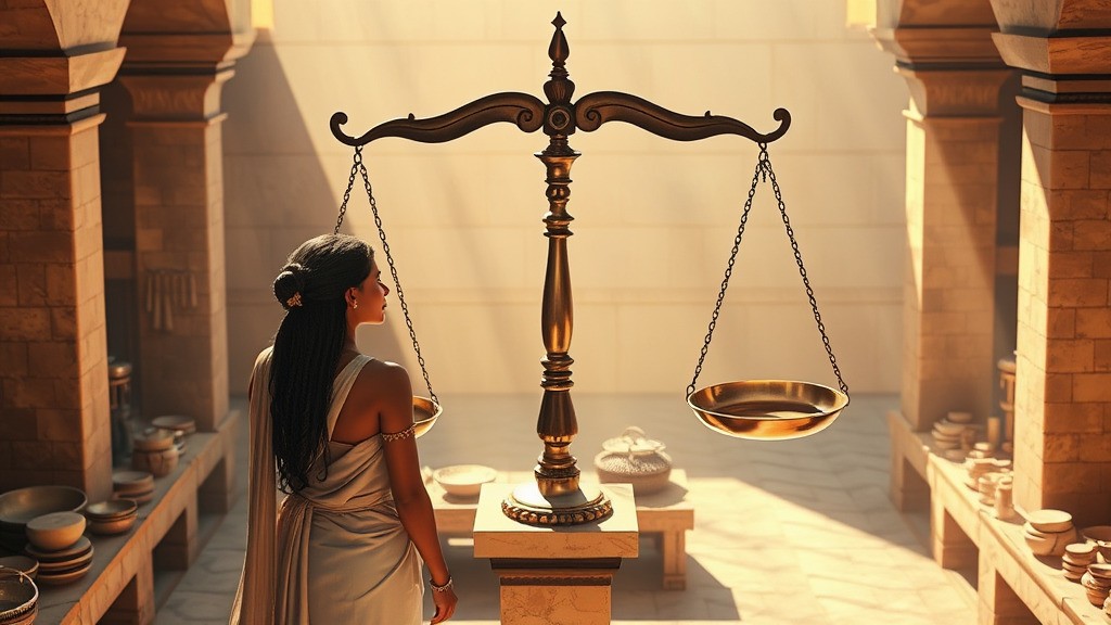 An ancient market woman ensures fair trade with her traditional balance scale—a timeless symbol of accuracy.