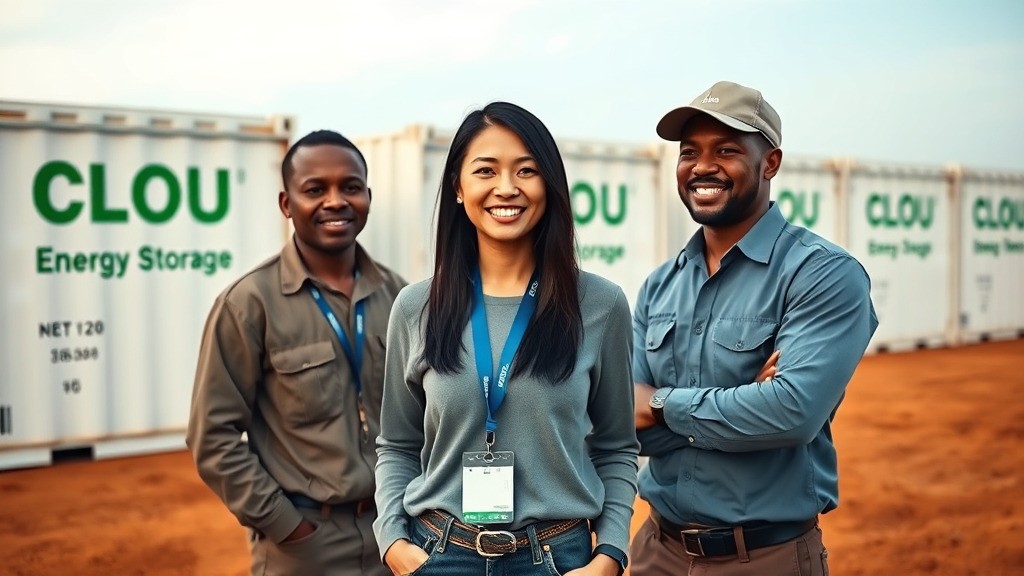 Engineers reviewing CLOU energy storage containers on African soil—reliability and innovation in action.
