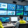 Engineers in a modern utility control room track ESG metrics and grid performance on digital dashboards—technology and sustainability in action