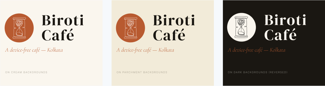 The Biroti word-mark on cream, parchment, and dark backgrounds.