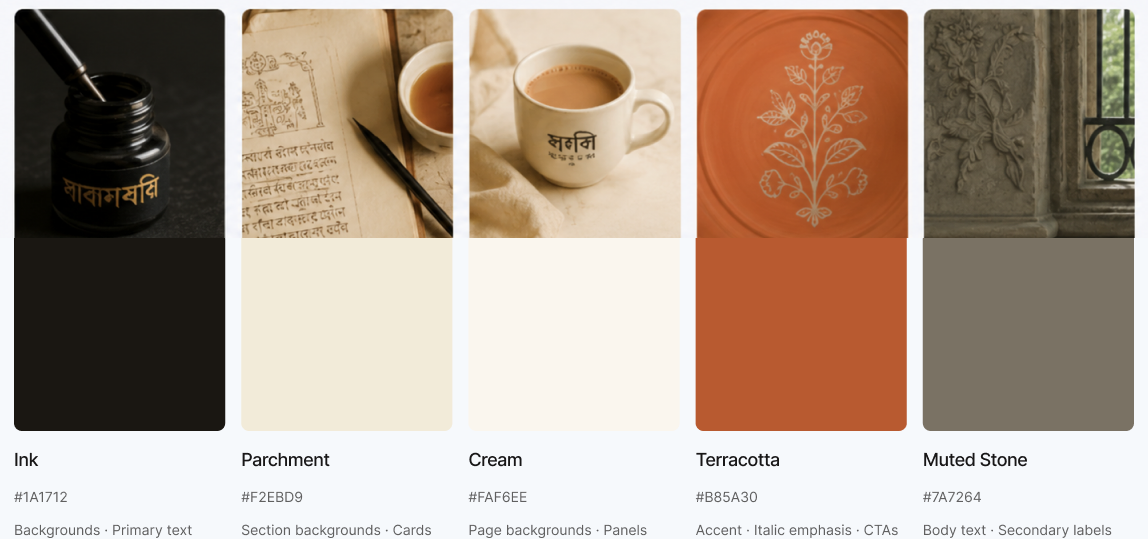 Colour palette — Ink, Parchment, Cream, Terracotta, Muted Stone