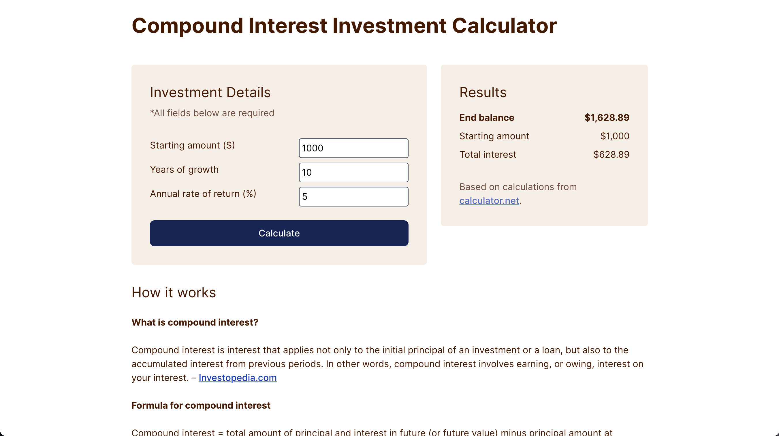 Screenshot of Casey's compound interest website